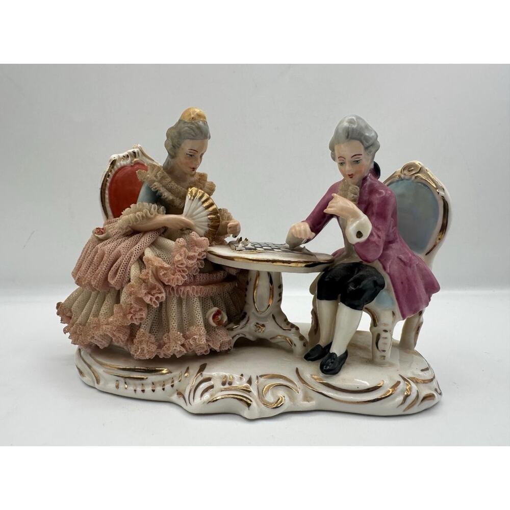 Vintage ALKA KUNST DRESDEN Post War Germany Porcelain Duo Chess Playing Figure